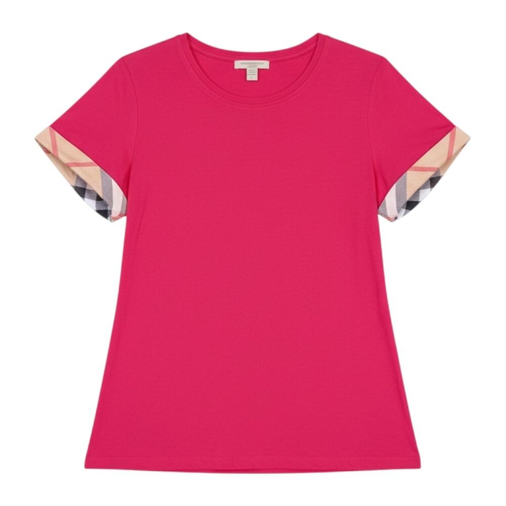 Burberry Brit Dark Pink Nova Check Cuff T-Shirt Top Women's Size S $290 Retail